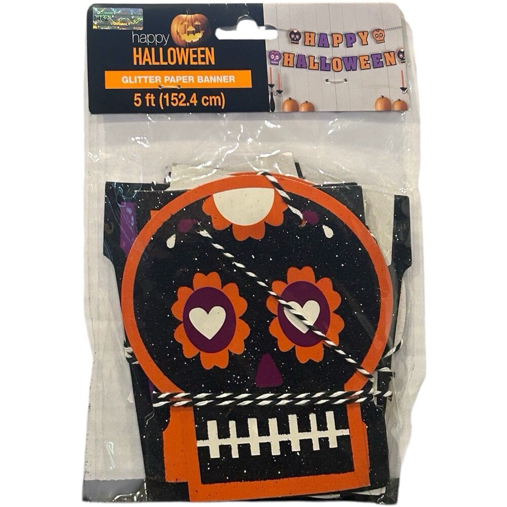 Glitter Skull Skeleton Banner “Happy Halloween” Decor 5Ft